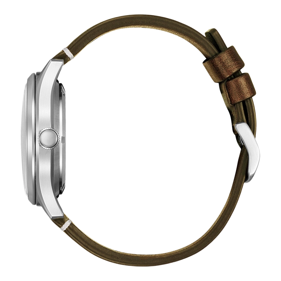 Luxusuhr mit braunem Lederarmband und silberner Schließe, Seitenansicht.