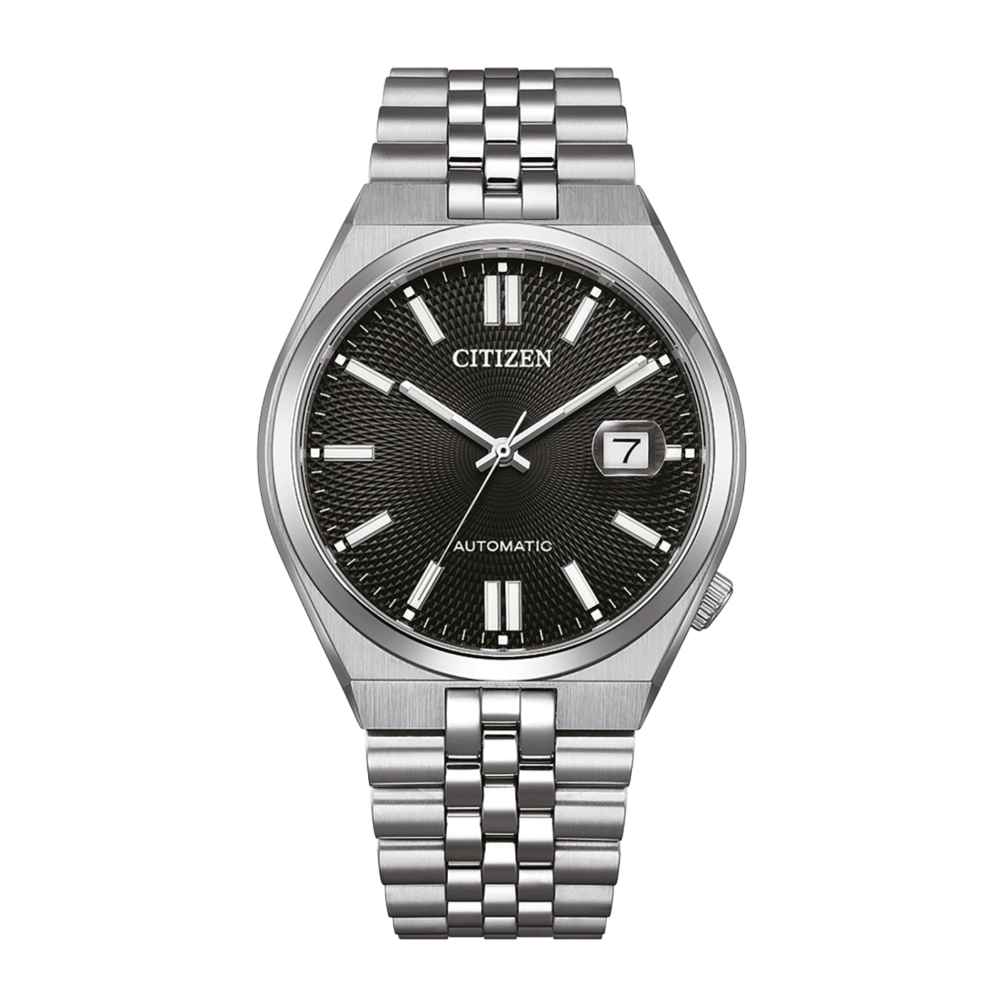Silberne Citizen Automatik Uhr mit schwarzem Zifferblatt und silbernen Indizes.