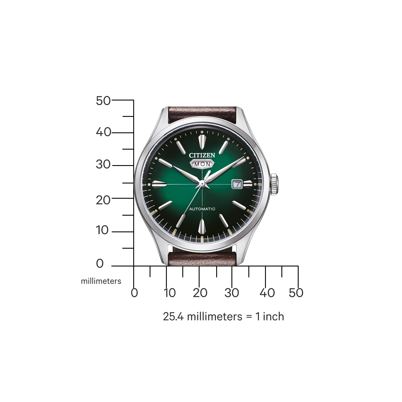 Grüne Citizen Automatik-Uhr mit braunem Lederarmband und Messskala.