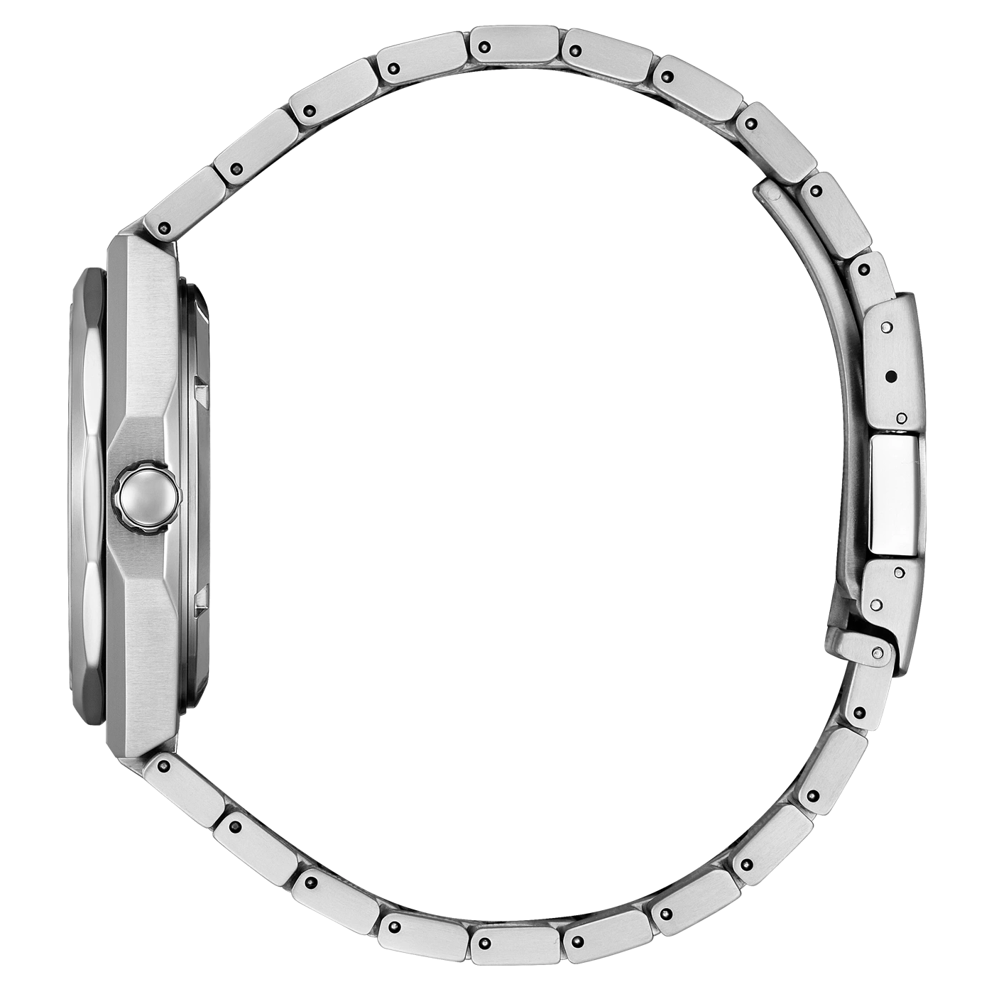 Armbanduhr aus Silber im Nahaufnahme-Seitenprofil.
