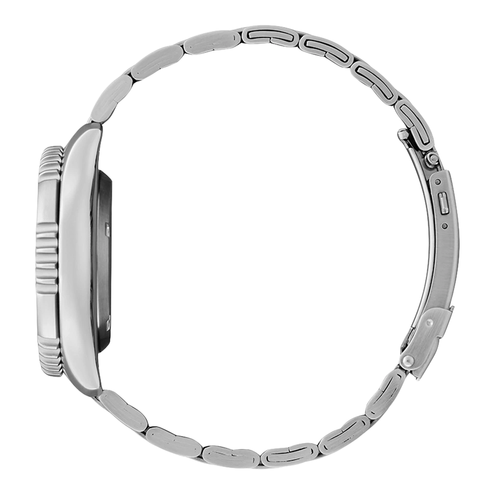 Seitenansicht einer silbernen Armbanduhr mit einem Verschluss