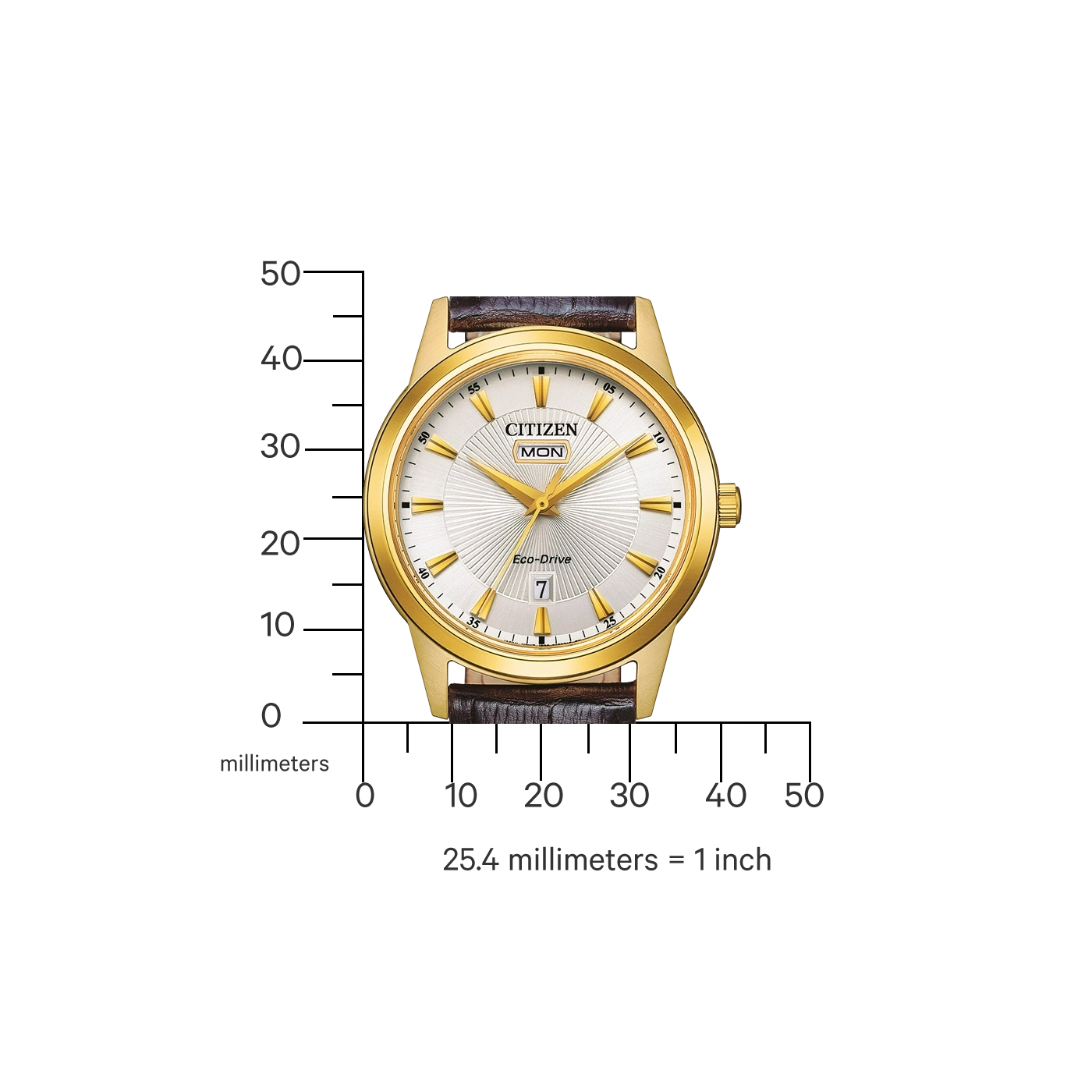 Goldene Citizen Eco-Drive Uhr mit braunem Lederarmband und Millimeterskala.