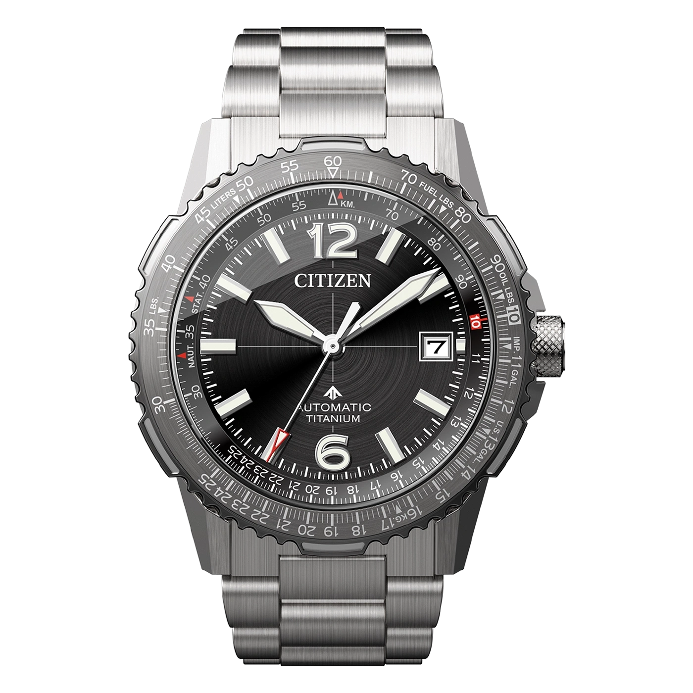 Montre Citizen en titane avec cadran noir et bracelet en métal.