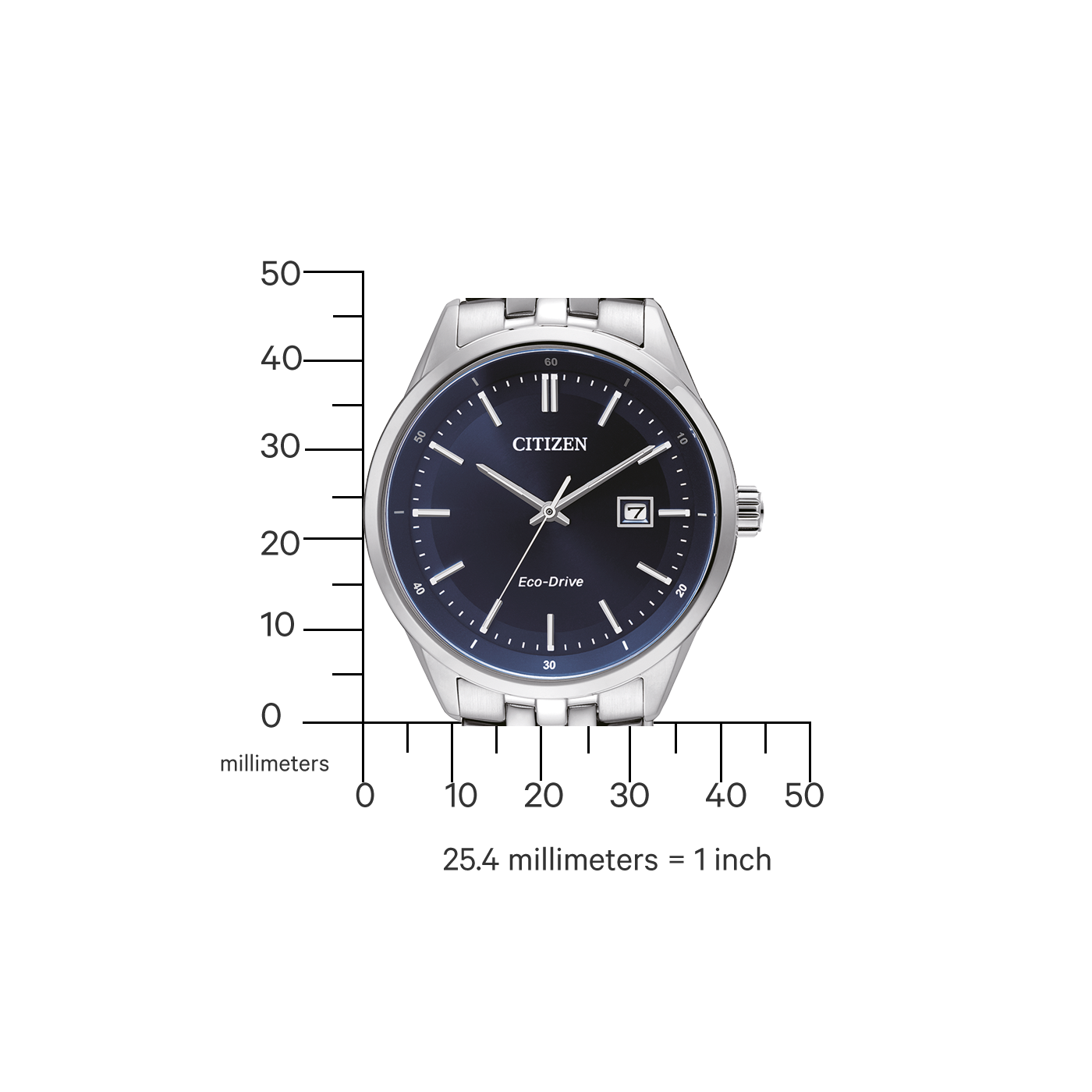 Montre Citizen avec cadran bleu foncé et bracelet argenté, technologie Eco-Drive.