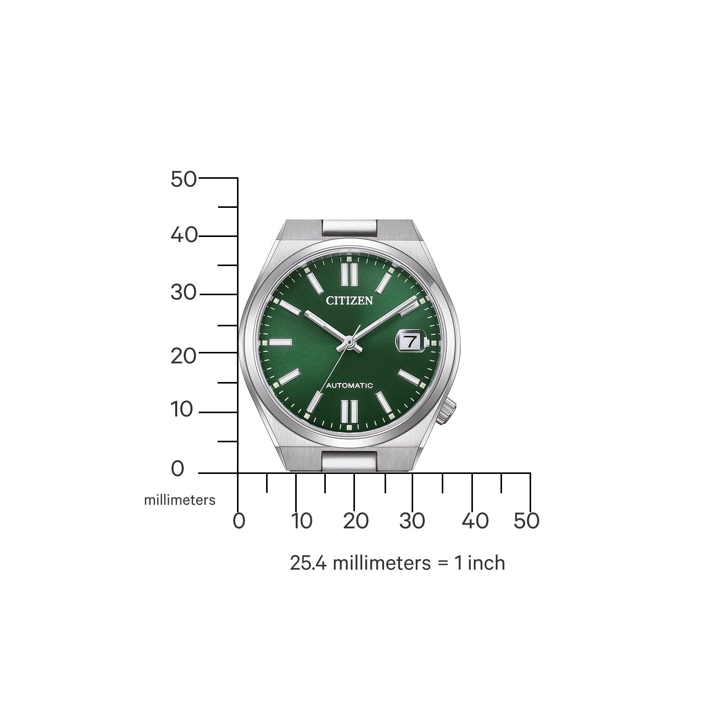 Grüne Citizen-Uhr mit Millimeterskala daneben.