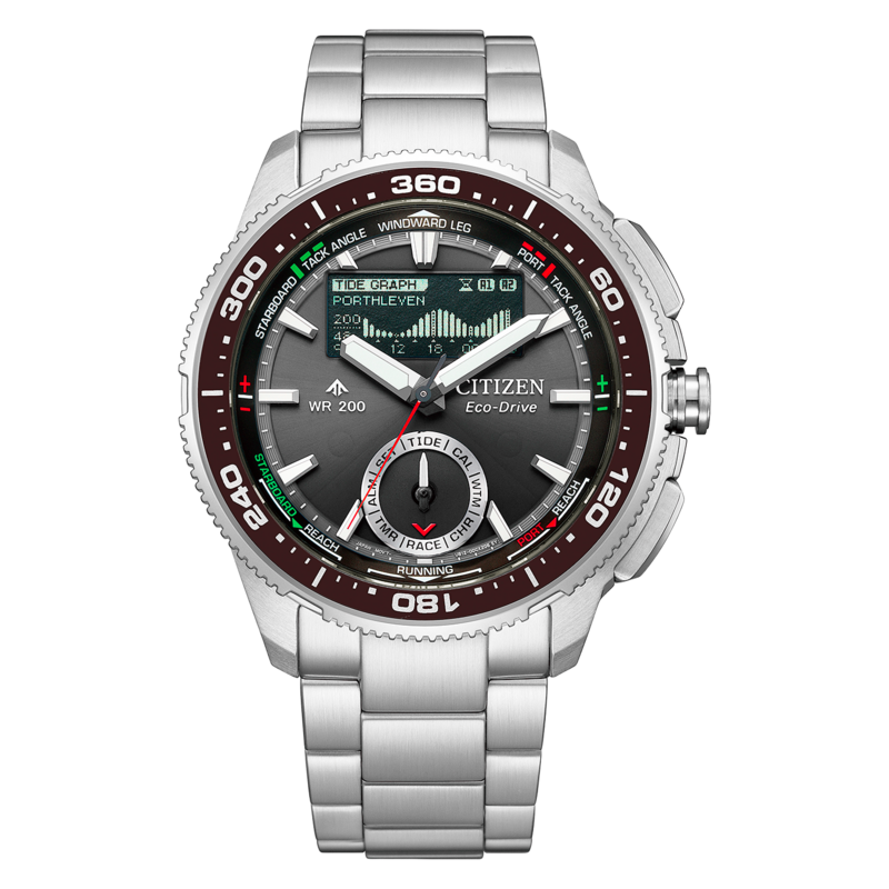 Citizen Eco-Drive Uhr mit digitalem Zifferblatt für Gezeiten und Uhrzeit.