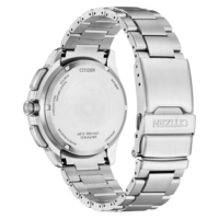 Vue arrière d'une montre Citizen en acier inoxydable avec Eco-Drive.
