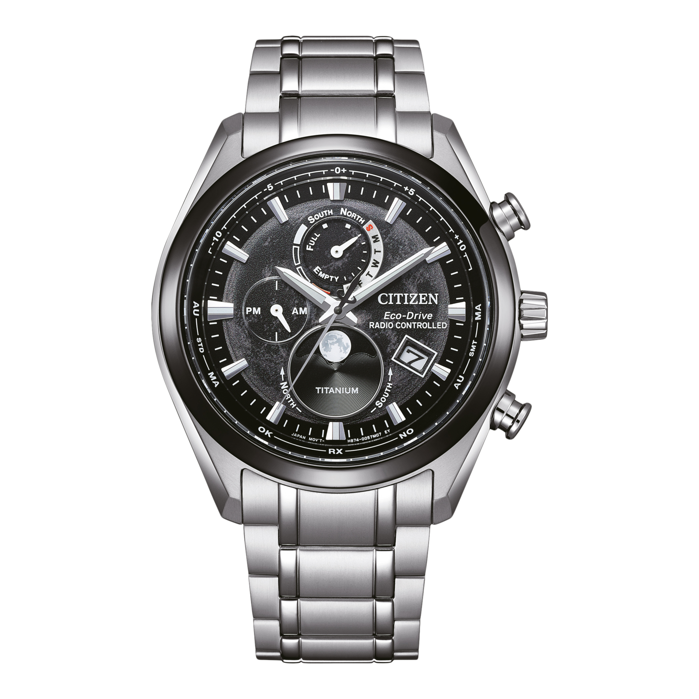 Citizen Eco-Drive Uhr mit schwarzem Zifferblatt, Titan, funkgesteuert und Datumsanzeige.