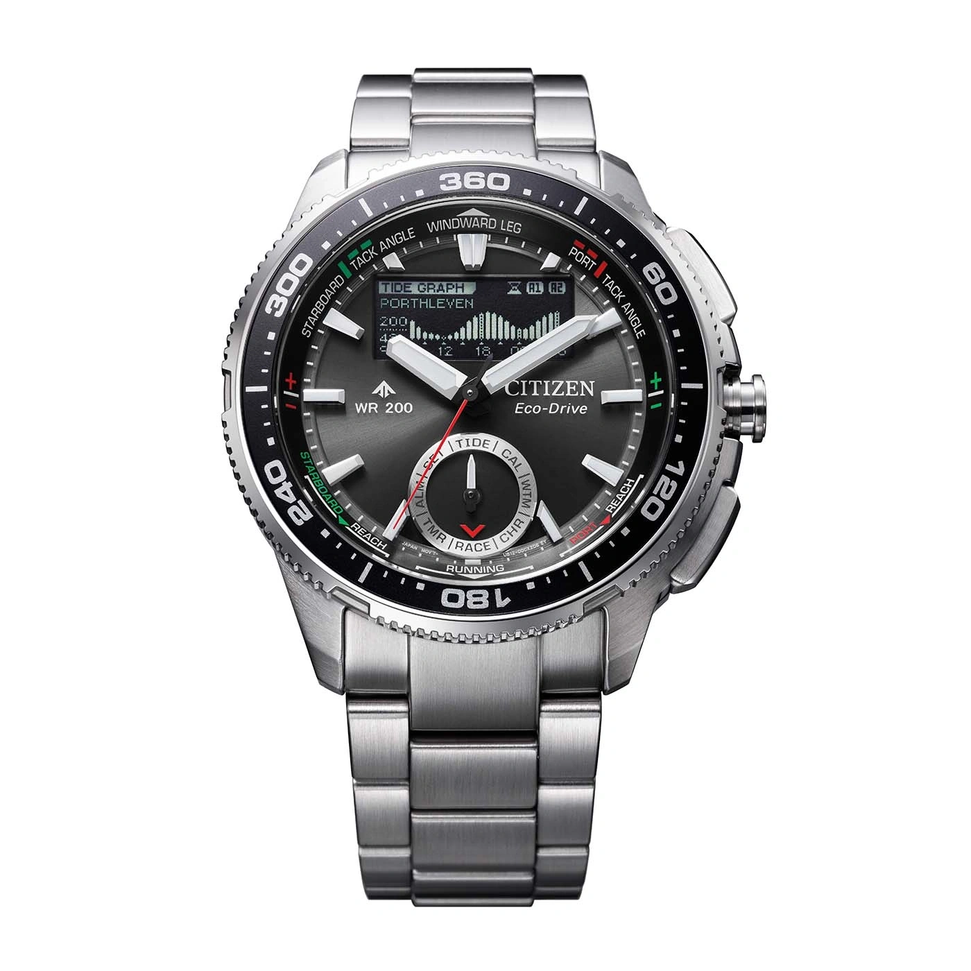 Montre Citizen Eco-Drive argentée avec cadran noir et fonctions marémotrices