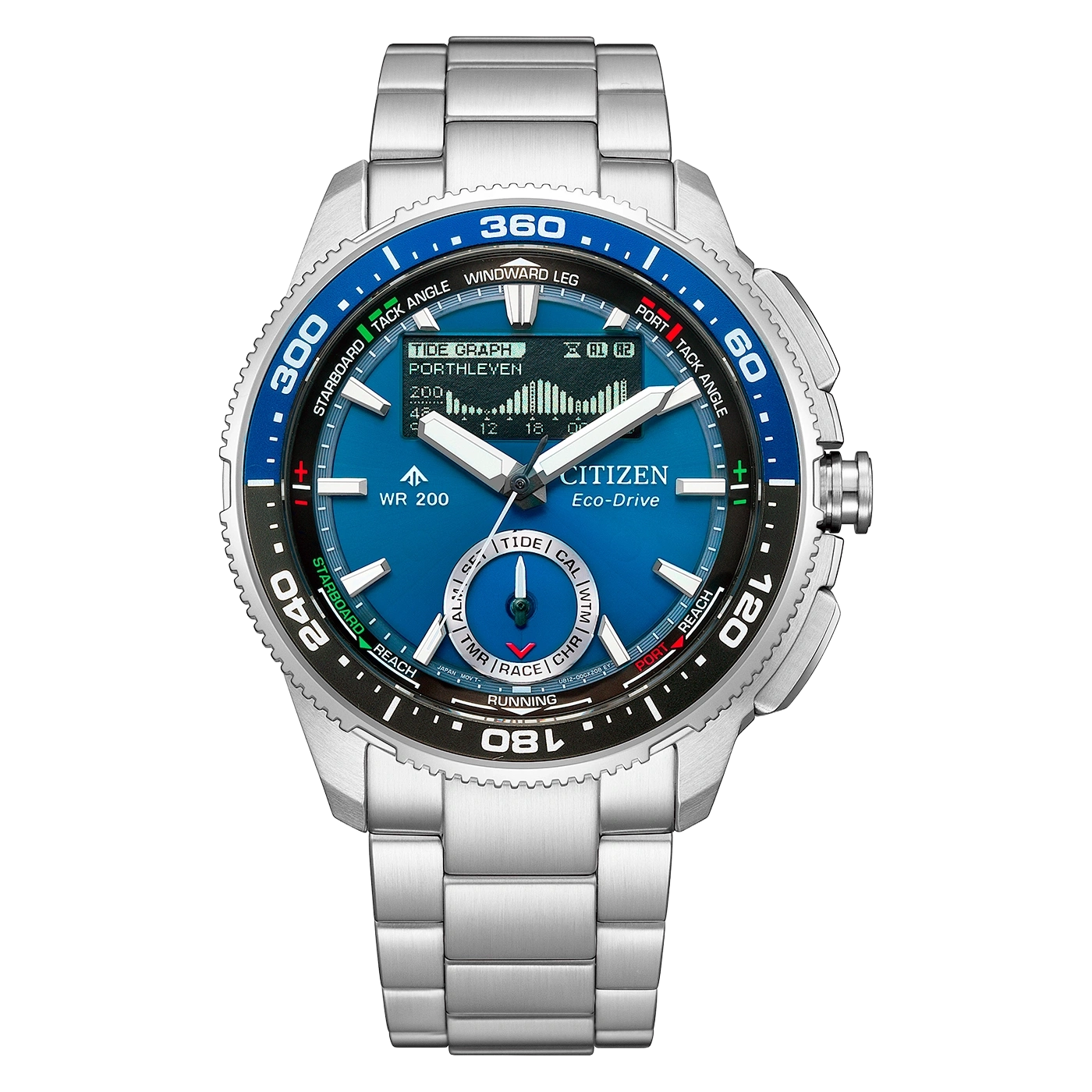 Eine blaue Citizen Eco-Drive Uhr mit silbernem Armband und blauen sowie weißen Akzenten.