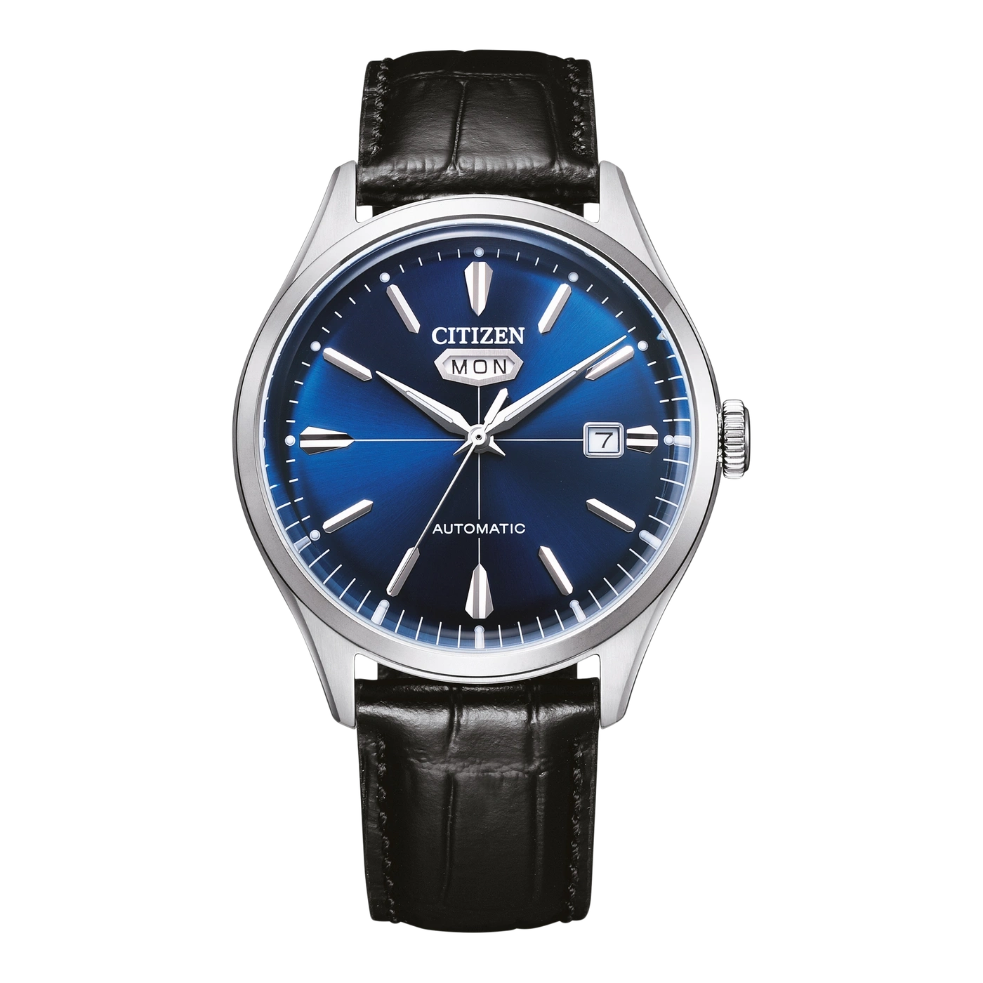 Blaue Citizen Automatik-Uhr mit schwarzem Lederarmband.
