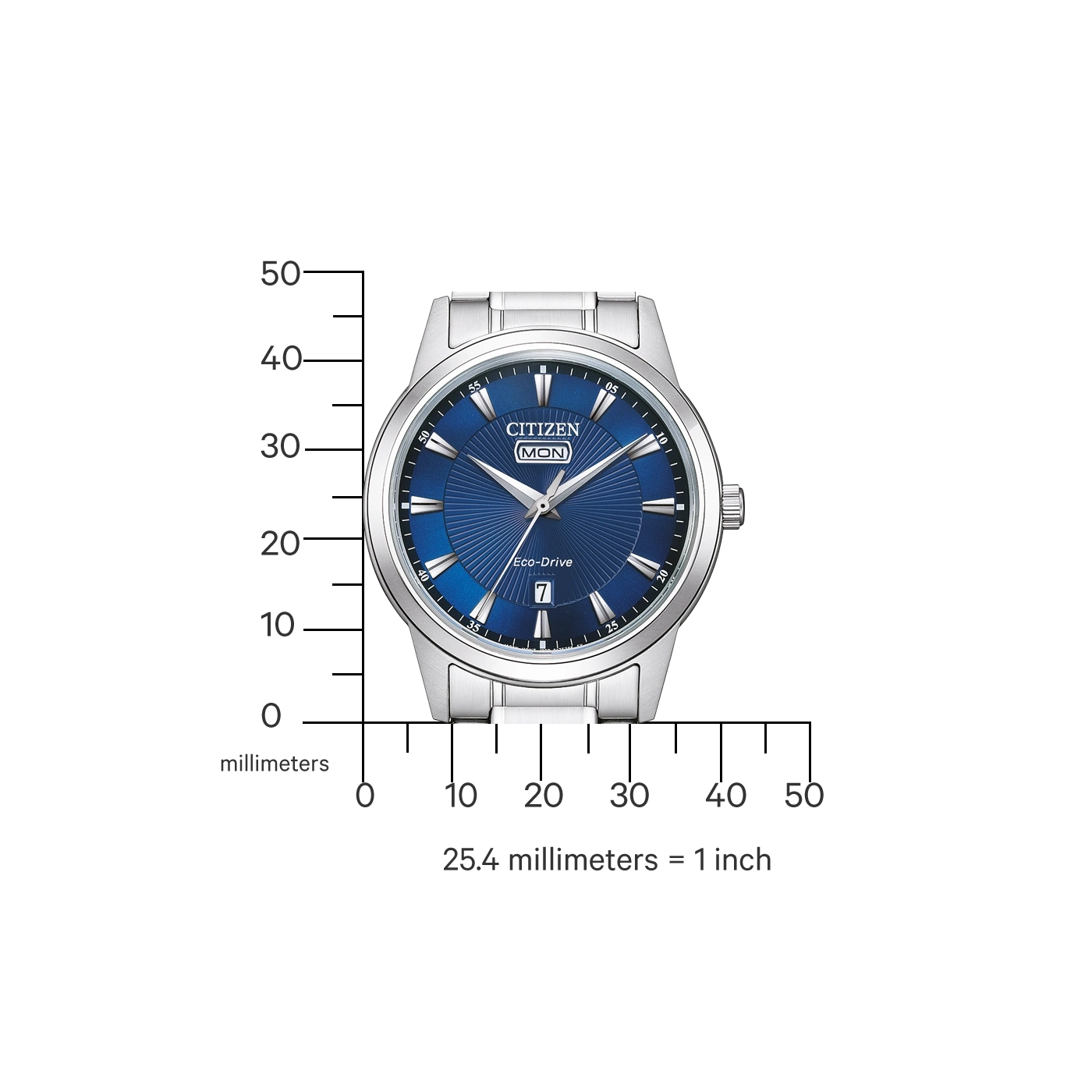 Montre Citizen Eco-Drive bleue avec échelle millimétrique.