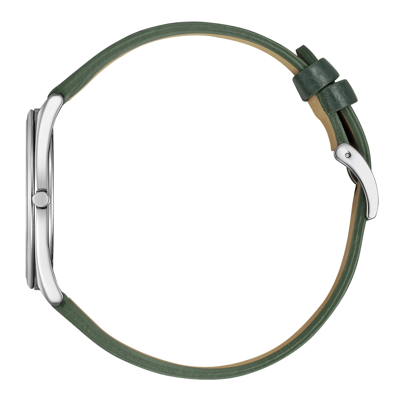 Uhr mit grünem Lederarmband vor weißem Hintergrund.