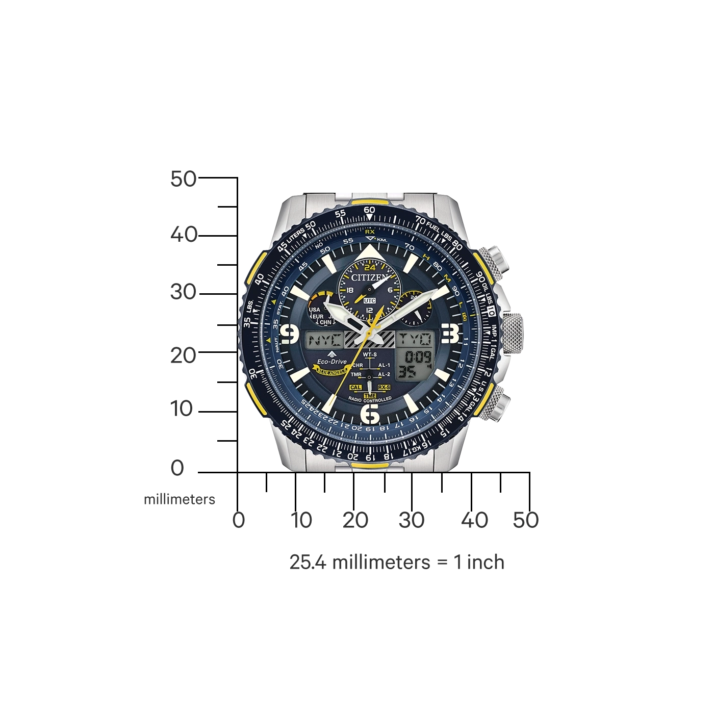 Citizen Eco-Drive Uhr mit Tauchlünette und digitalem Display, gemessen in Millimetern.