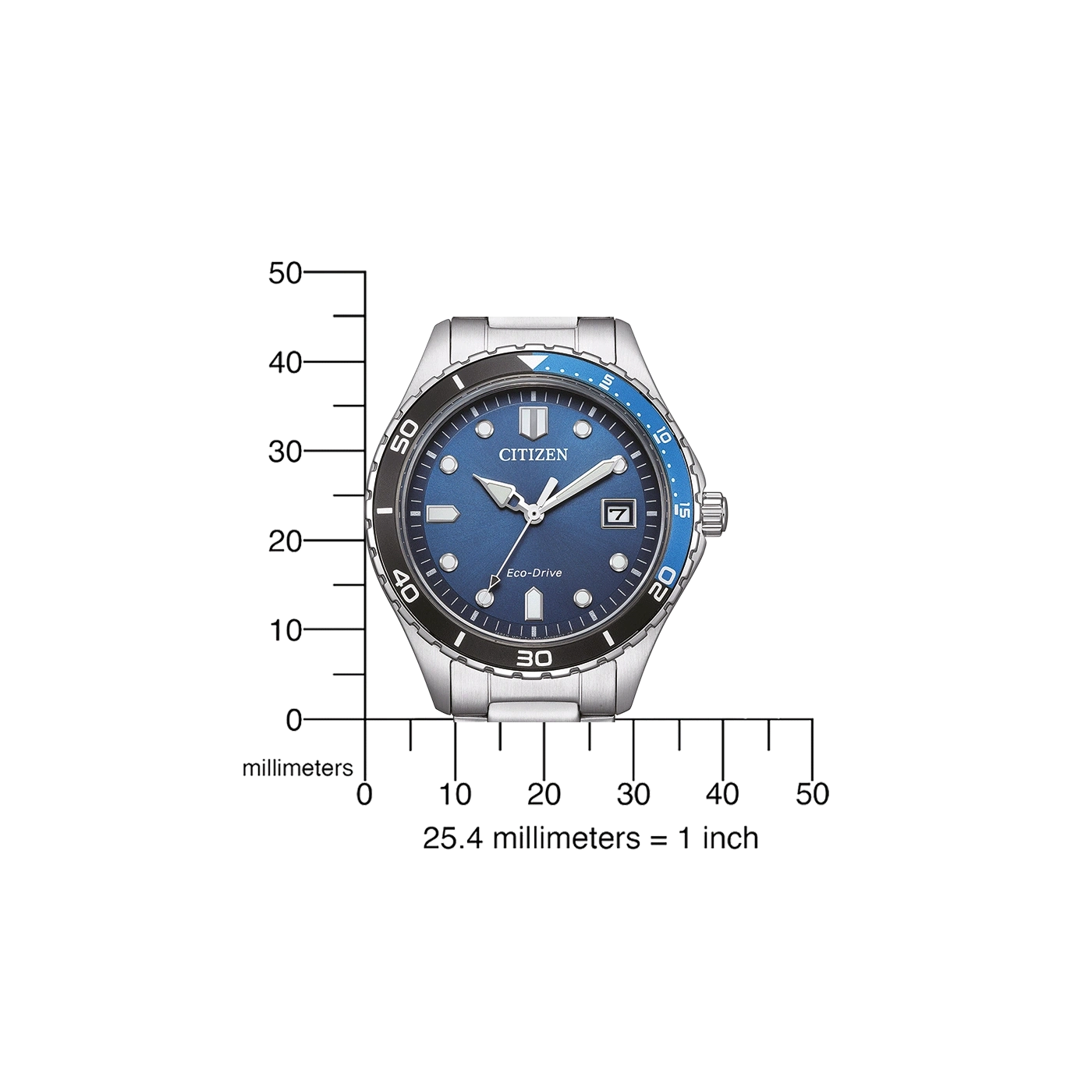 Citizen Eco-Drive blaue Uhr mit Messskala.