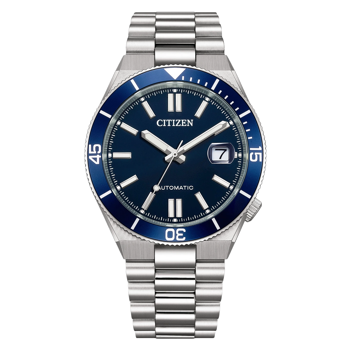 Citizen blaue Automatikuhr mit silbernen Zeigern und blauer Lünette.