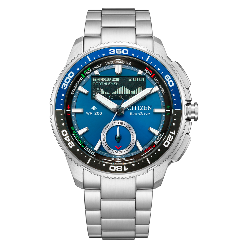 Eine blaue Citizen Eco-Drive Uhr mit silbernem Armband und blauen sowie weißen Akzenten.