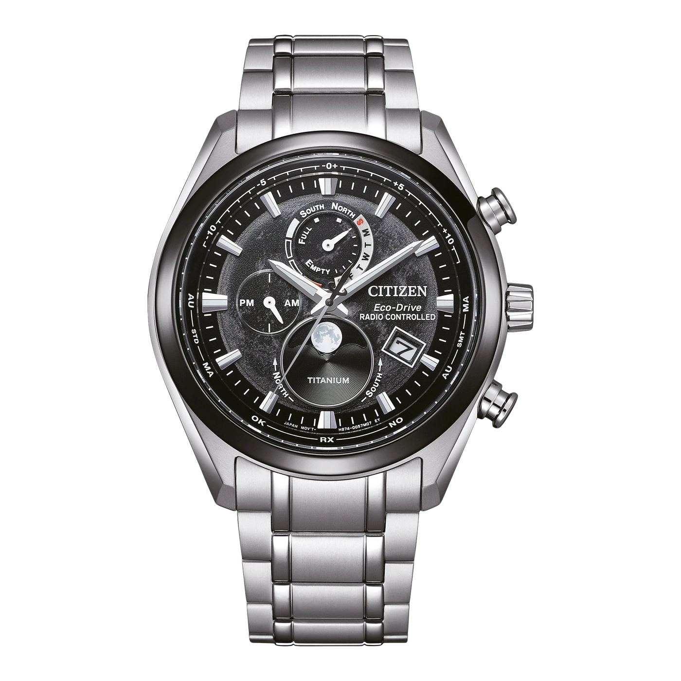 Citizen Eco-Drive Funkarmbanduhr in Silber mit schwarzem Zifferblatt und silbernen Akzenten.