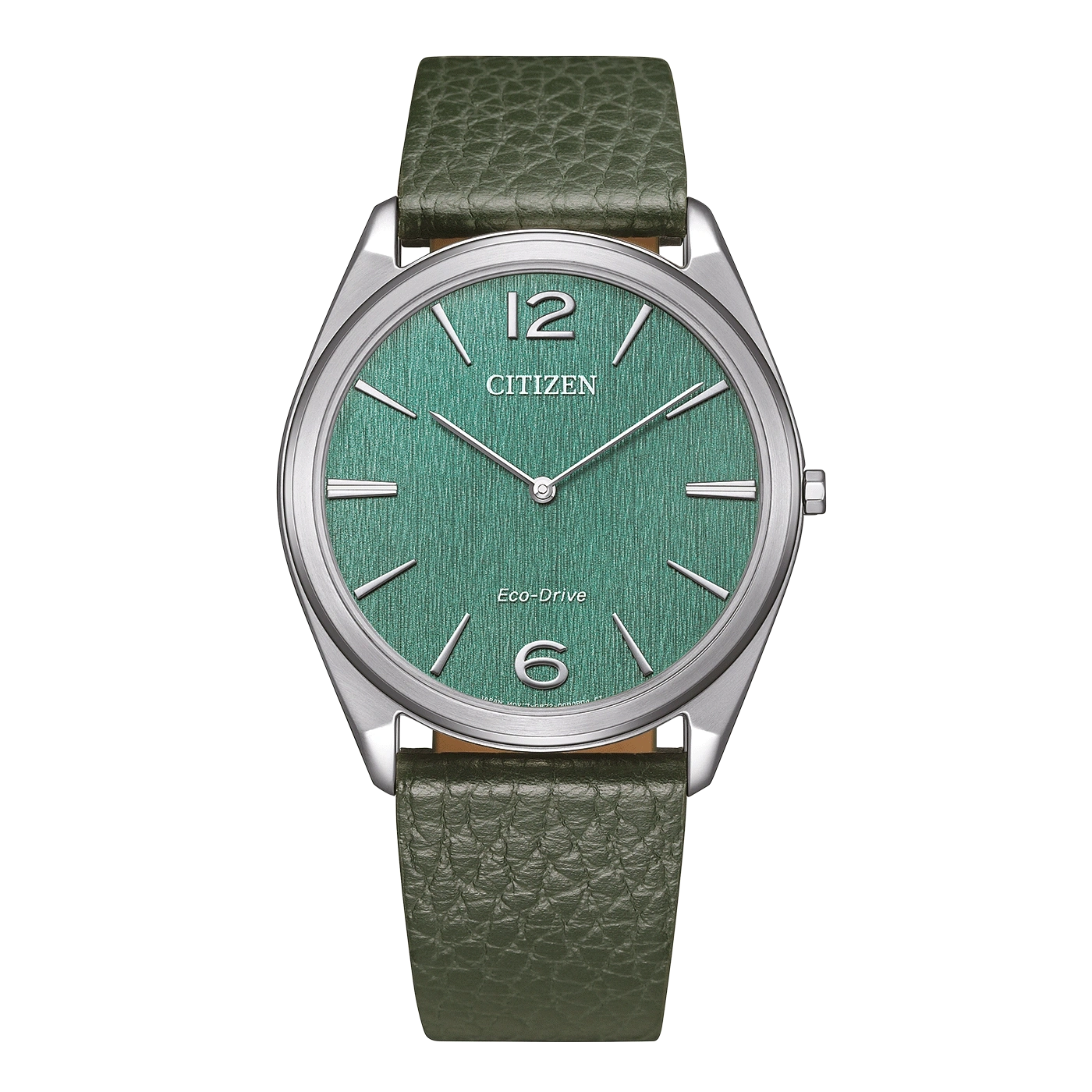 Eine grüne Citizen-Uhr mit einem strukturierten Lederarmband.