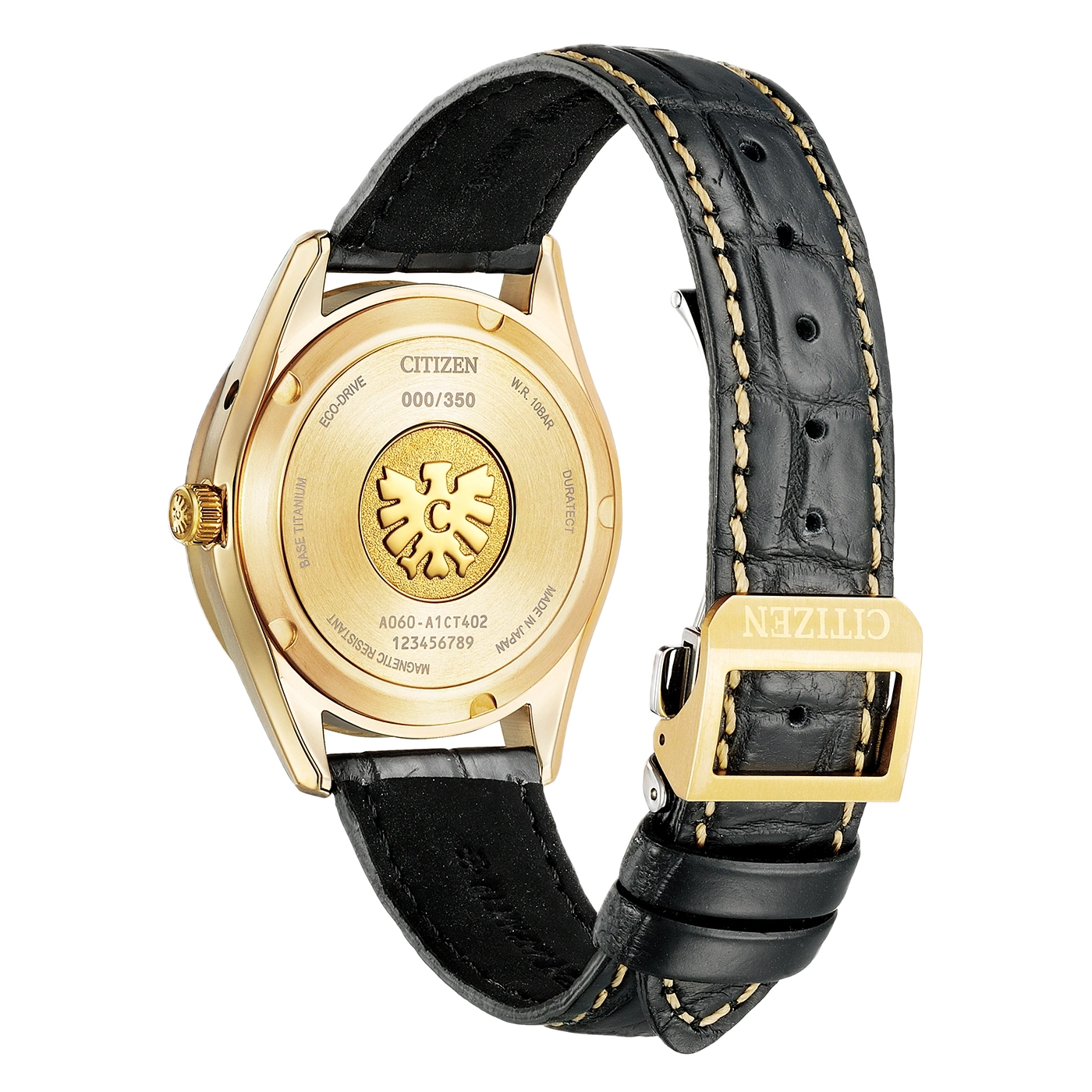 Goldene Citizen Uhr mit schwarzem Lederarmband und goldenen Nähten.