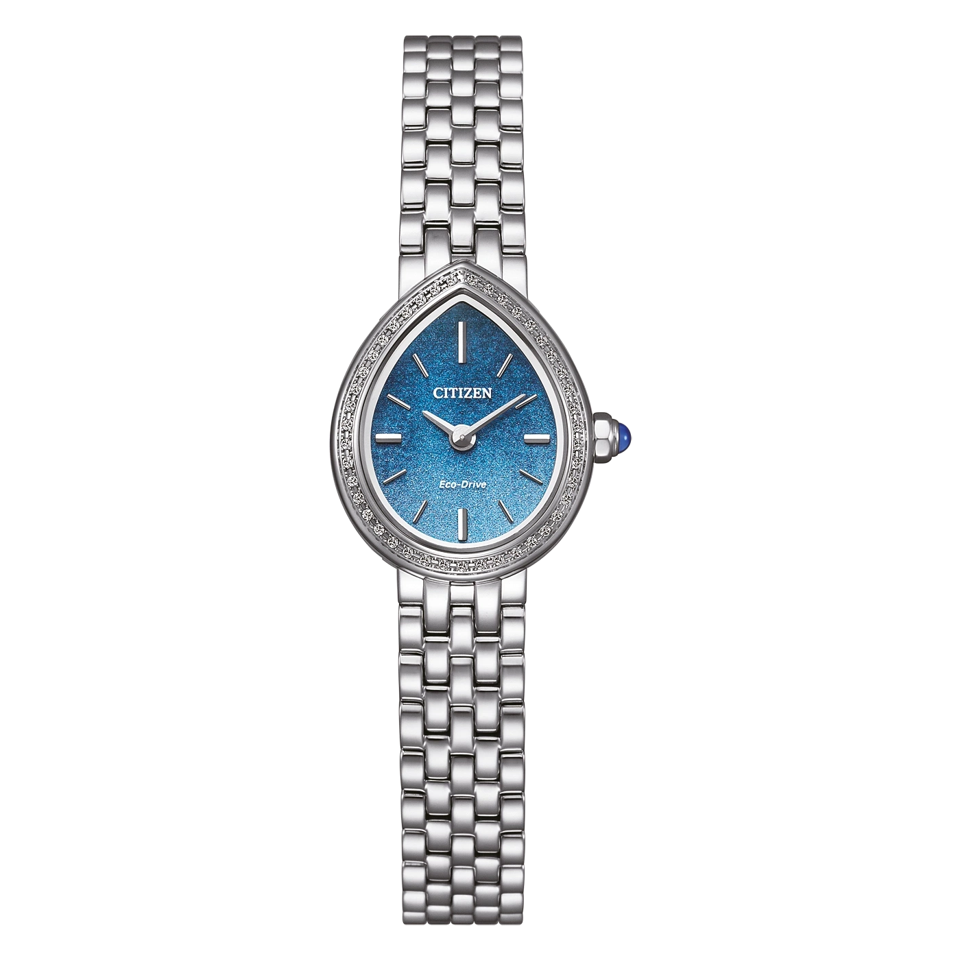 Eine silberne Armbanduhr mit blauem, glitzerndem Zifferblatt und Diamantbesatz.