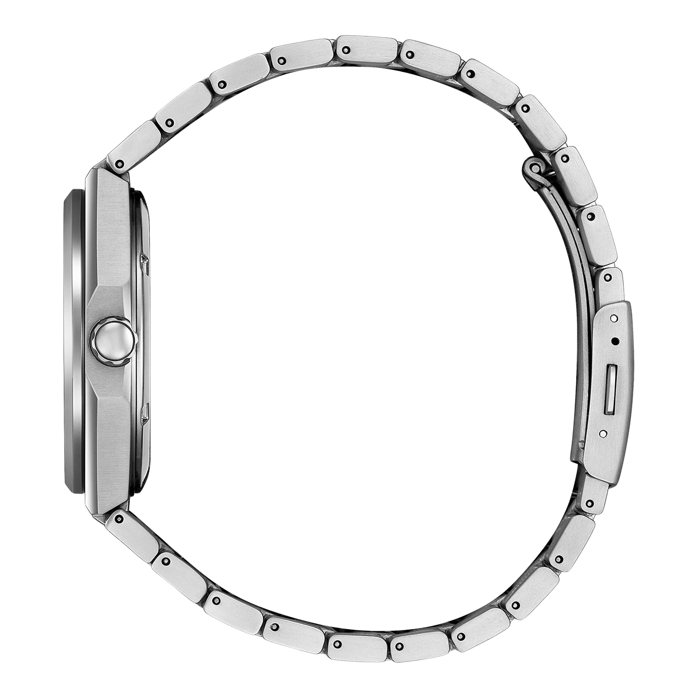Seitenansicht einer Edelstahluhr mit Armband auf weißem Hintergrund.
