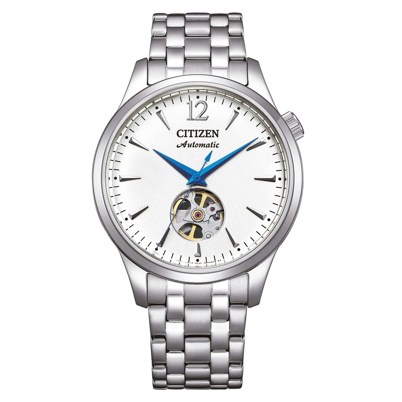 Silberne Citizen Automatik-Uhr mit weißem Zifferblatt und sichtbarem Uhrwerk.