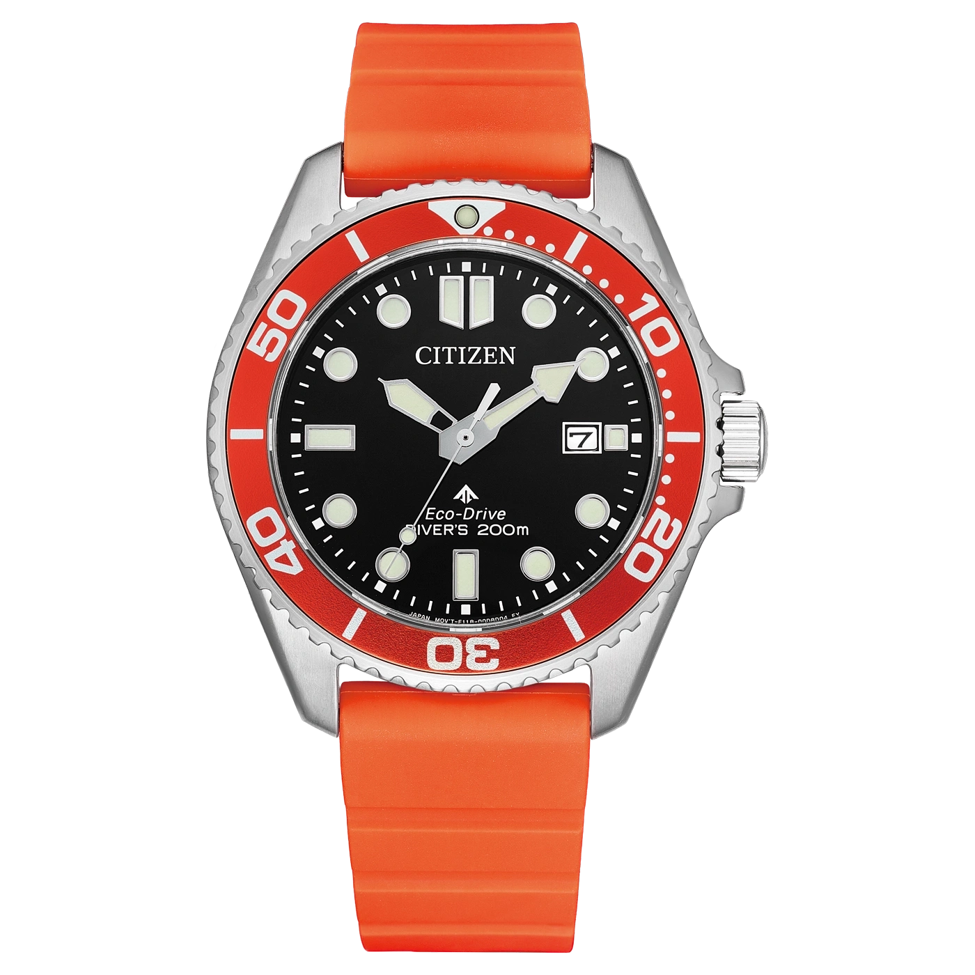 Une montre Citizen Eco-Drive de plongée avec bracelet orange.