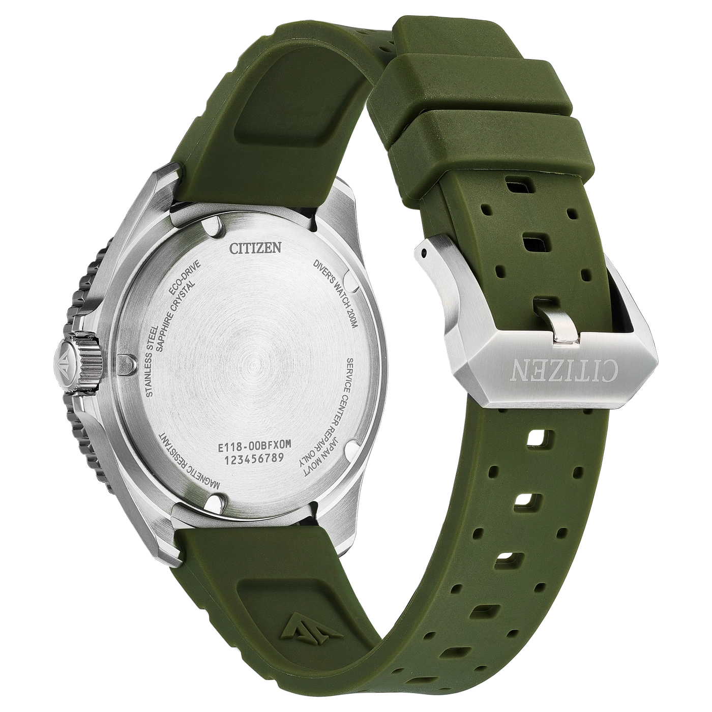 Une montre Citizen verte avec une sangle en caoutchouc et un fermoir argenté.