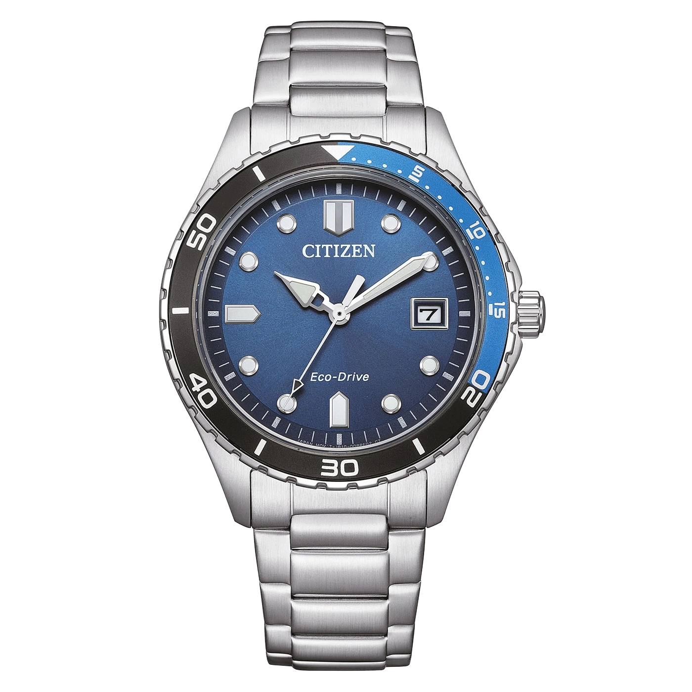 Eine blaue Citizen Eco-Drive-Uhr mit Edelstahlarmband.
