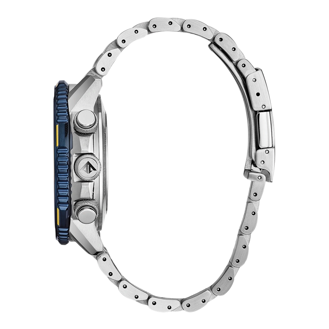 Silbernes Chronographenarmband mit blauer und gelber Lünette