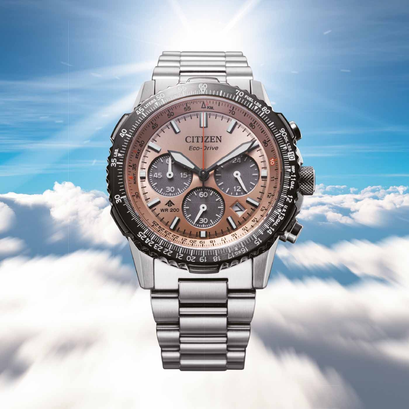 Citizen Eco-Drive Uhr mit braunem Zifferblatt und silbernem Armband vor Himmels Hintergrund.