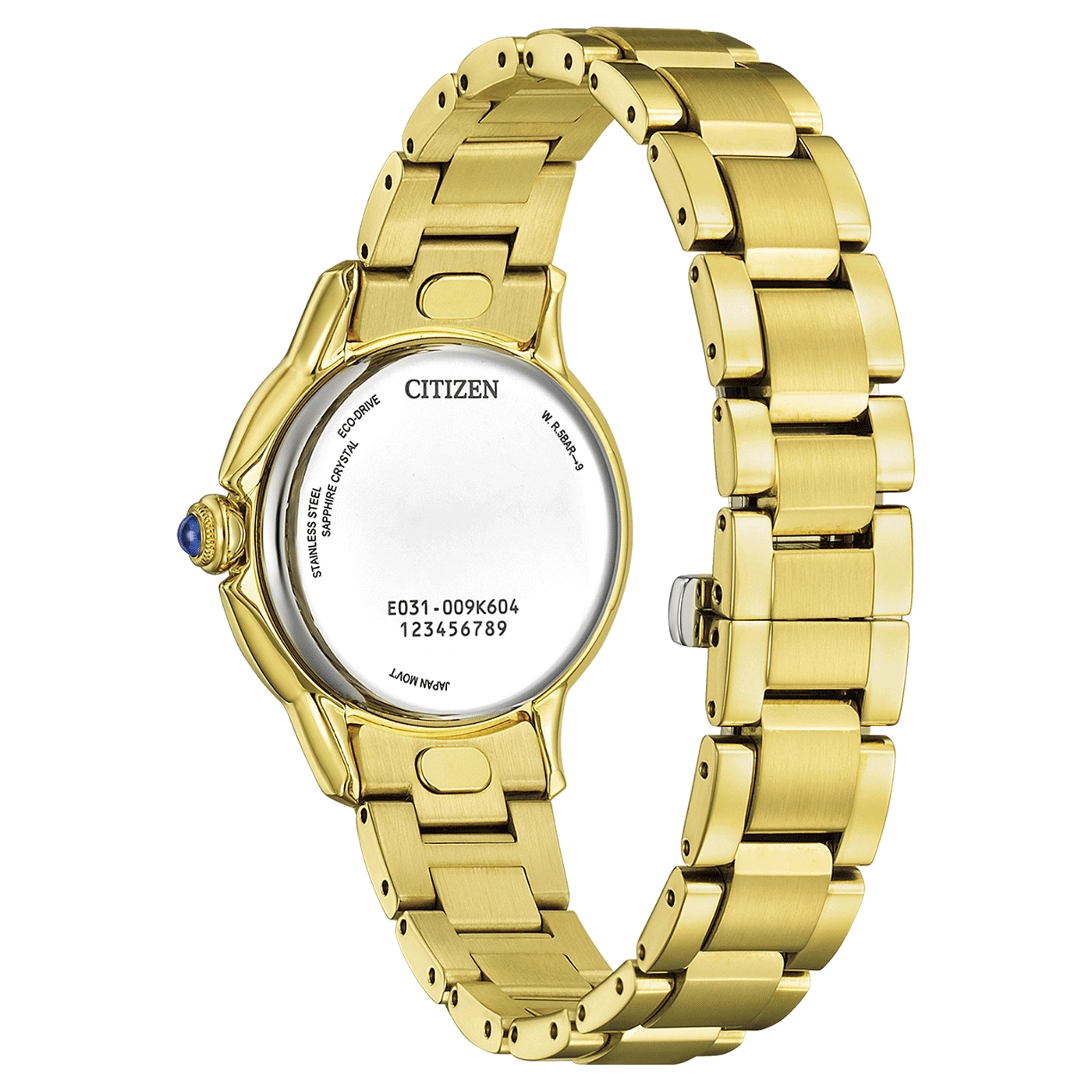 Un gros plan sur le dos d'une montre dorée avec le nom de la marque 'Citizen' gravé.