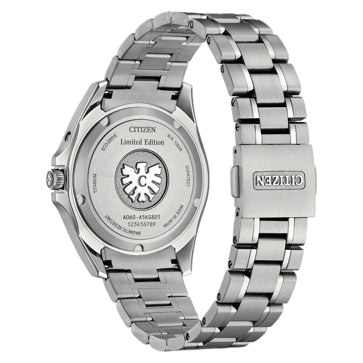 Rückseite einer Citizen Titanuhr mit Metallarmband.