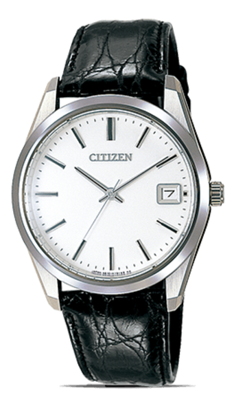 Citizen-Uhr mit weißem Zifferblatt und schwarzem Lederarmband