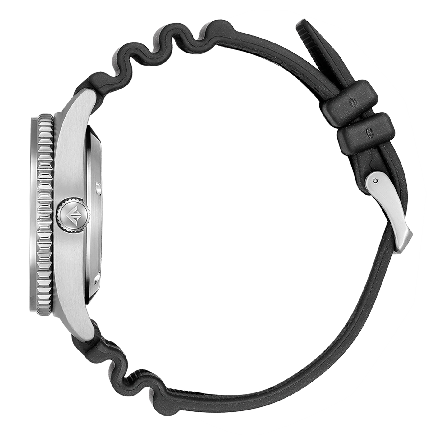Nahaufnahme einer Uhrseite mit schwarzem Armband und silberner Schließe.