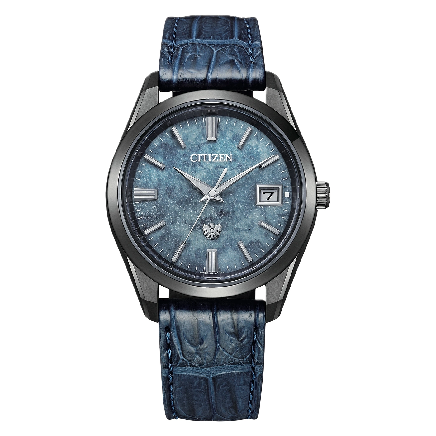 Citizen-Uhr mit blauem Zifferblatt und blauem Lederarmband.