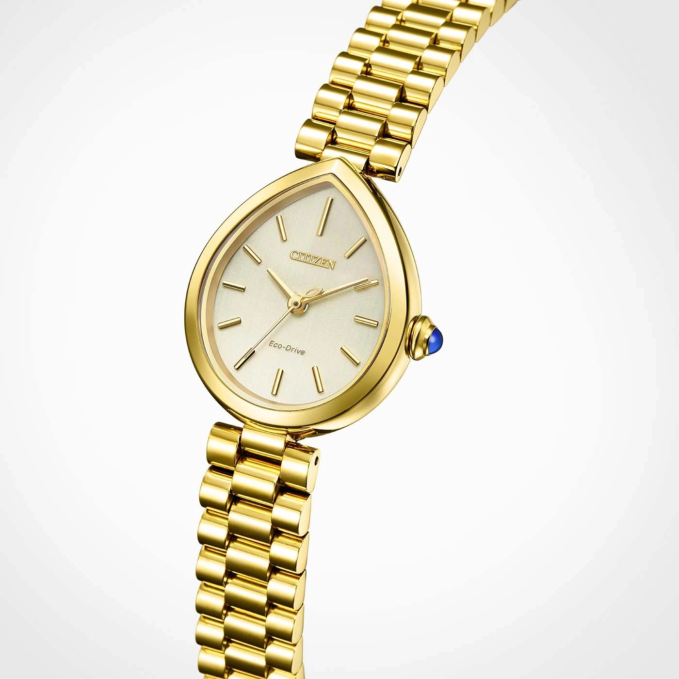 Goldene Citizen Eco-Drive Uhr mit perlmuttfarbenem Zifferblatt und verstellbarem Armband.