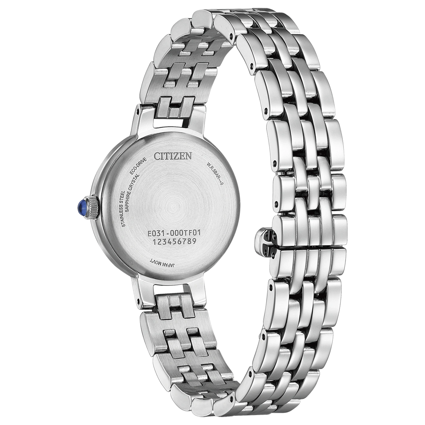 Dos d'une montre Citizen en acier inoxydable avec bracelet argenté.