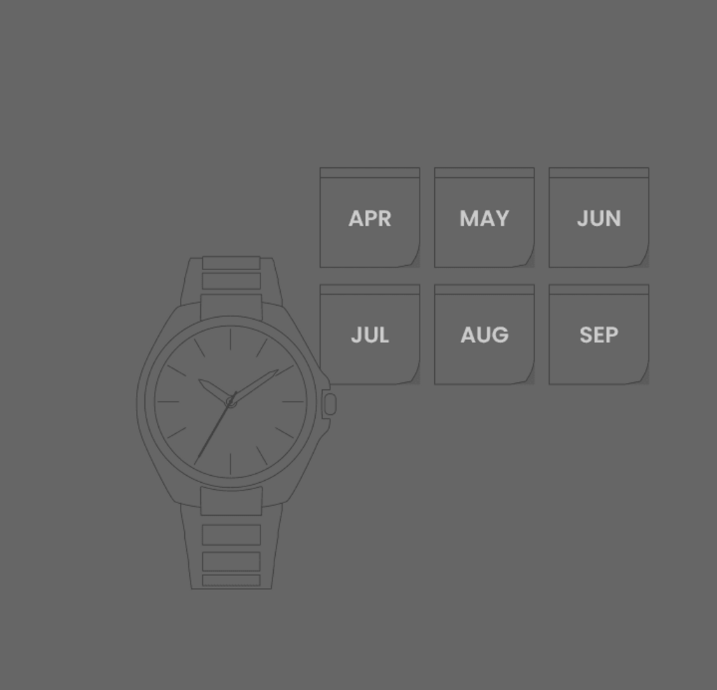 Uhr mit Monaten: April, Mai, Juni, Juli, August, September.