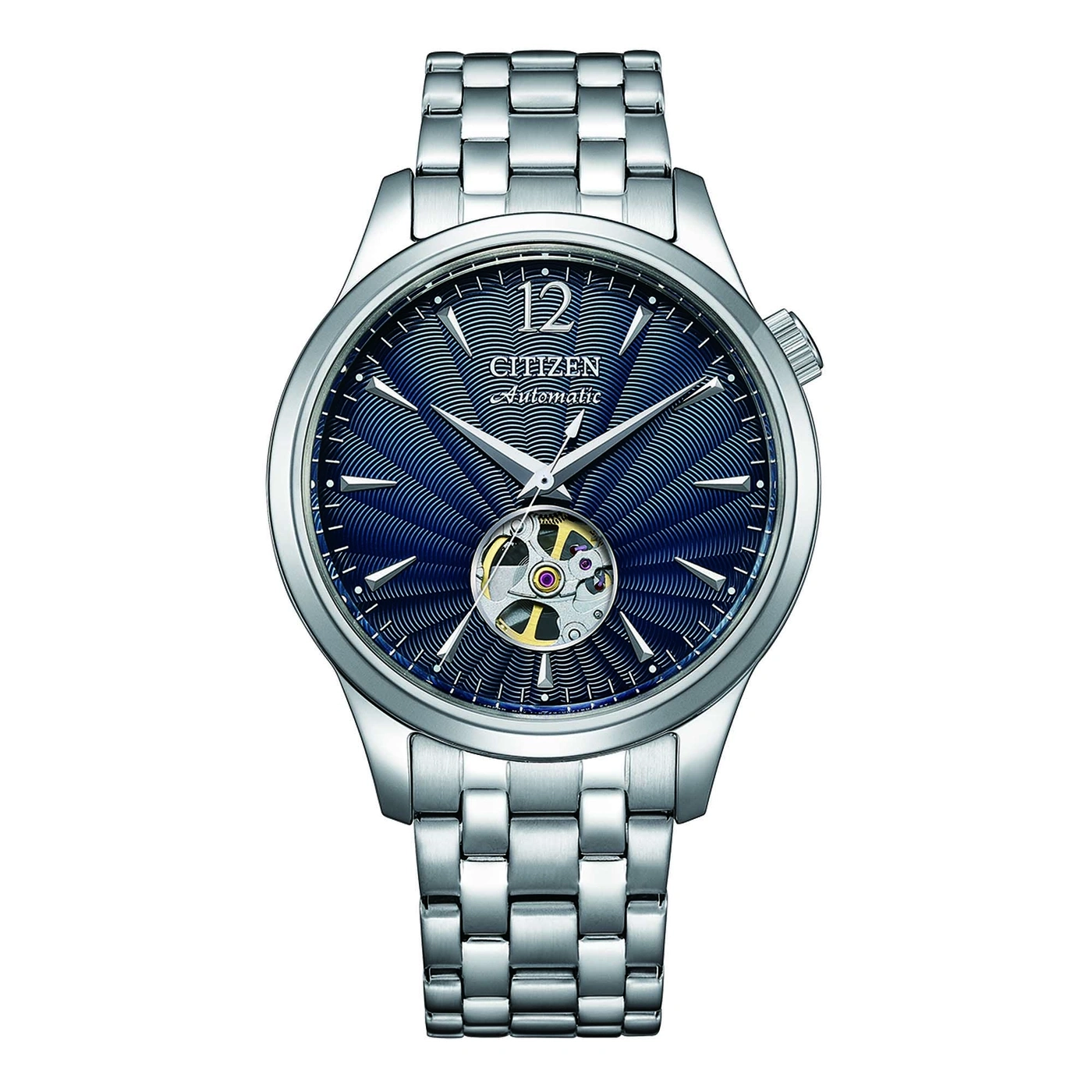 Silberne Citizen Automatik-Uhr mit blauem, texturiertem Zifferblatt und Sichtfenster zum Uhrwerk.