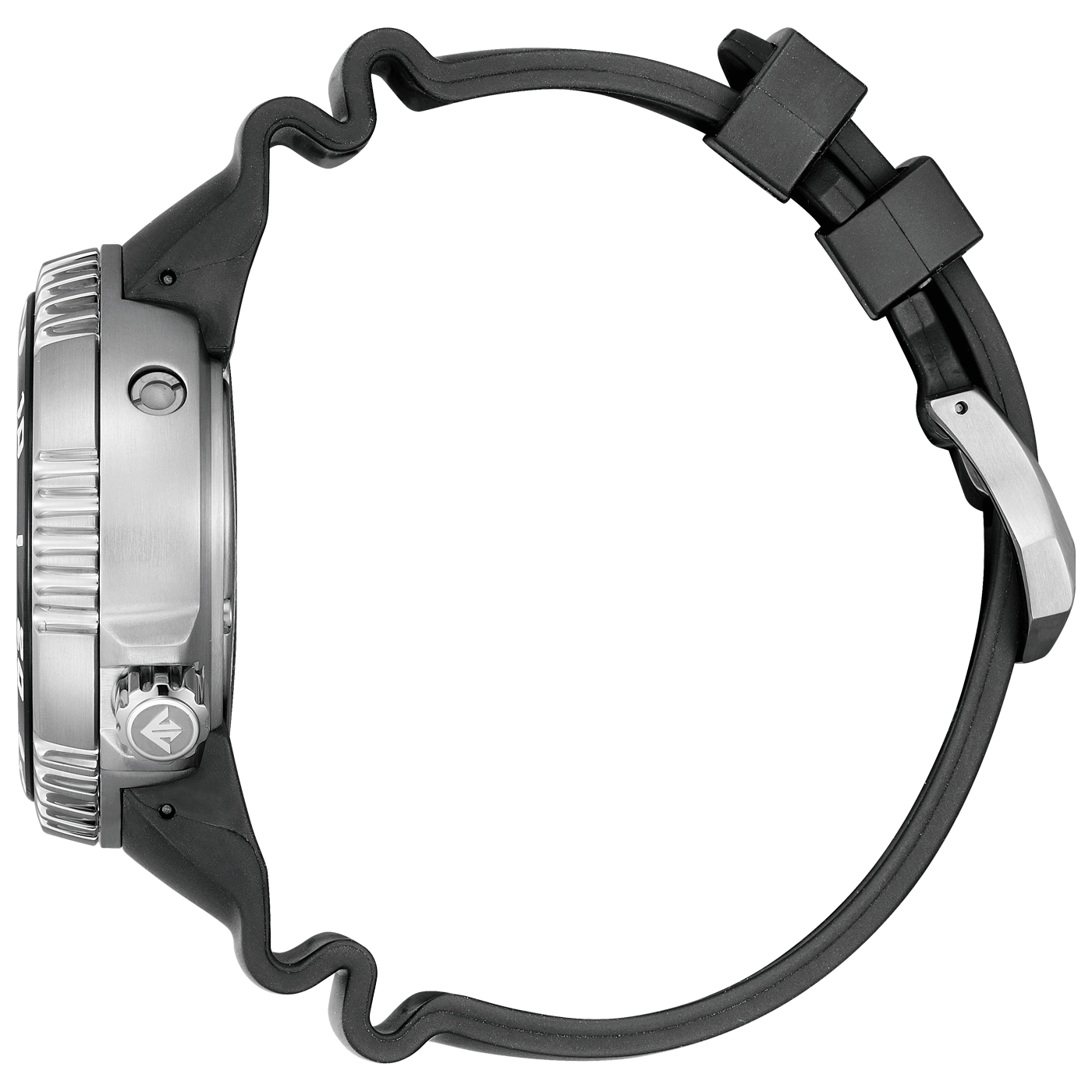 Seitenansicht einer Taucheruhr mit schwarzem Kautschukarmband.