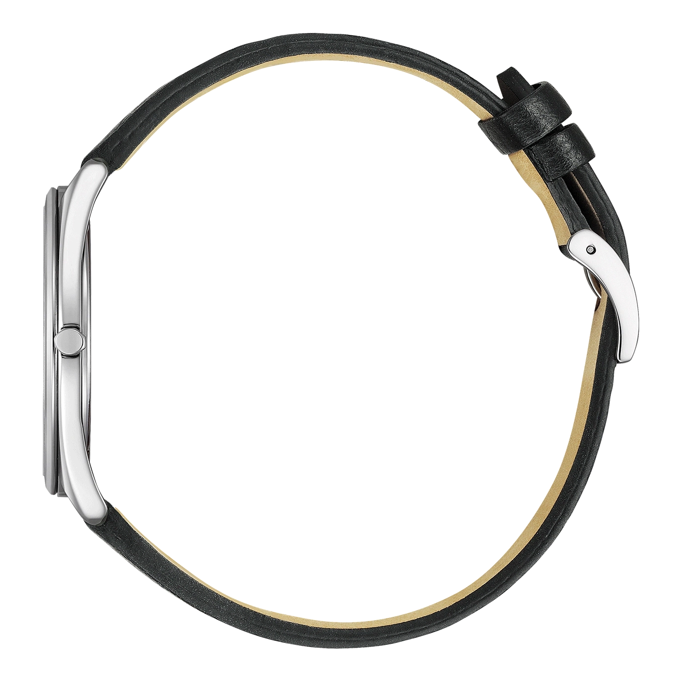 Armbanduhr mit schwarzem Lederarmband im Profil auf weißem Hintergrund