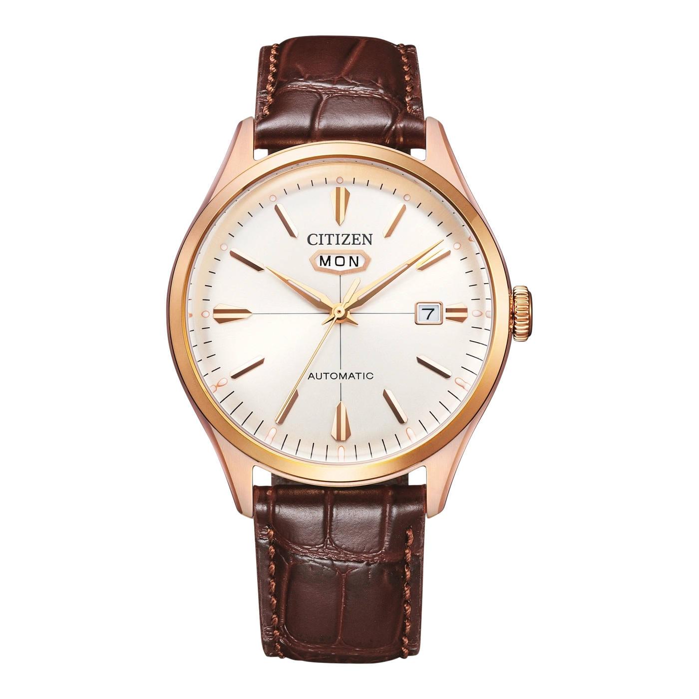 Eine Citizen-Uhr mit braunem Lederarmband und weißem Zifferblatt.
