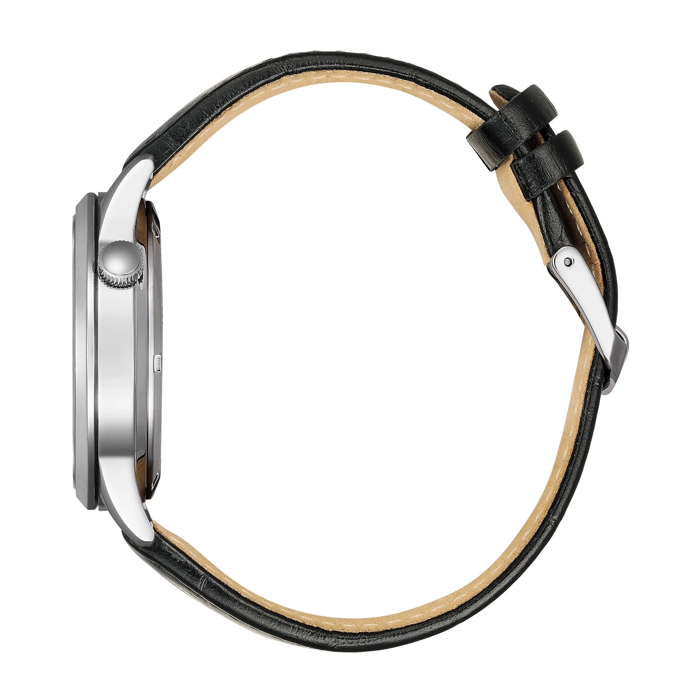 Nahaufnahme der Seite einer Uhr mit schwarzem Lederarmband.