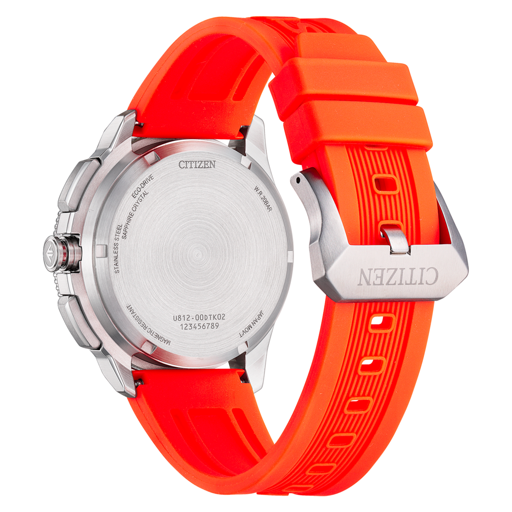 Montre Citizen rouge avec bracelet en caoutchouc, vue arrière du boîtier.