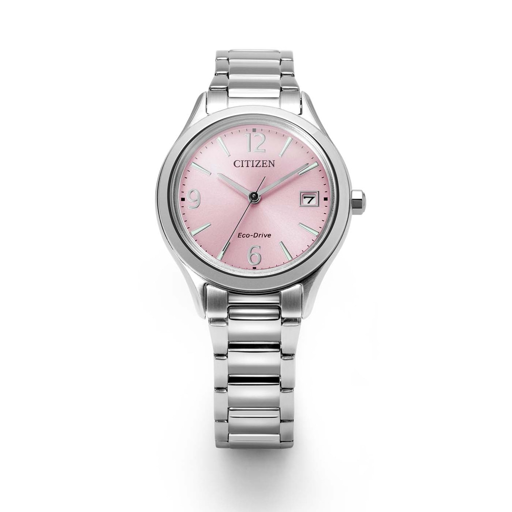 Une montre Citizen Eco-Drive argentée avec un cadran rose et un bracelet argenté.