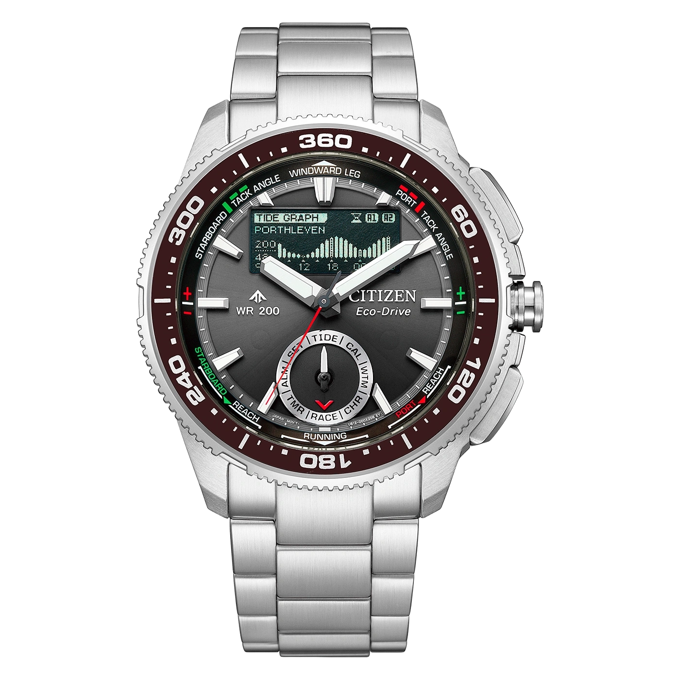Citizen Eco-Drive Uhr mit digitalem Zifferblatt für Gezeiten und Uhrzeit.