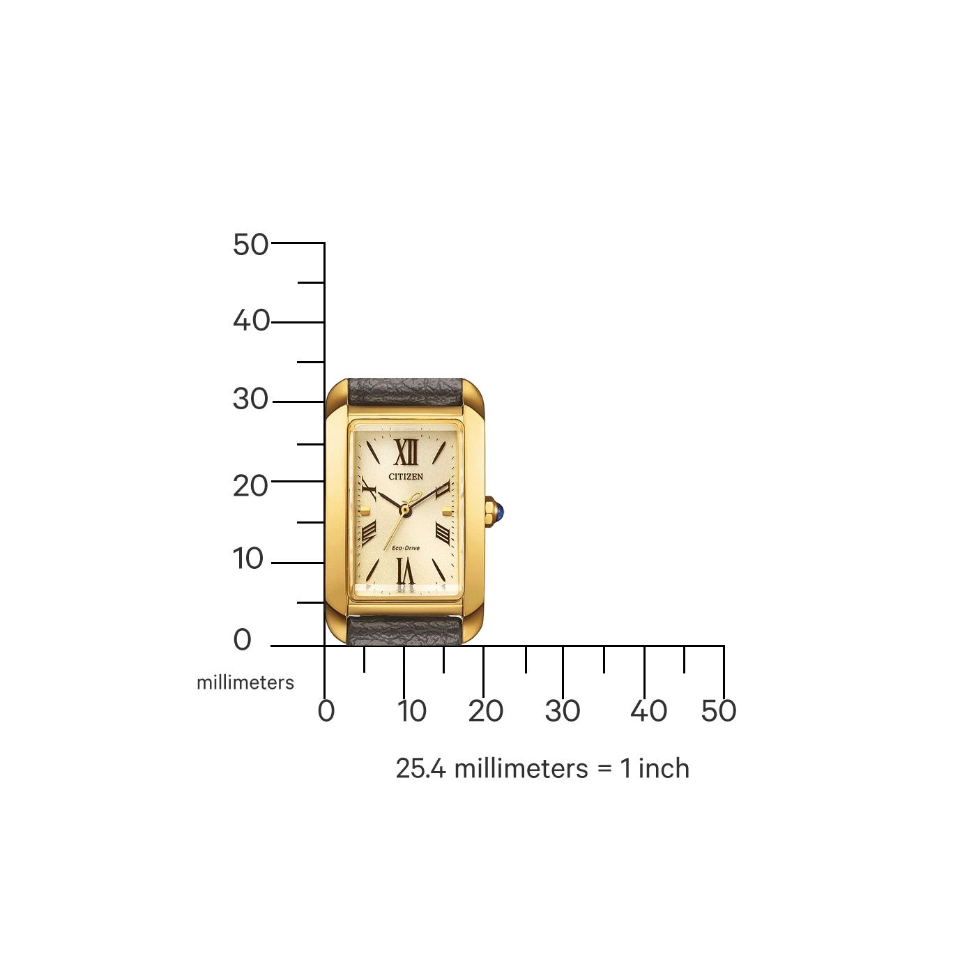Goldene rechteckige Citizen-Uhr mit schwarzem Armband, in Millimetern gemessen.