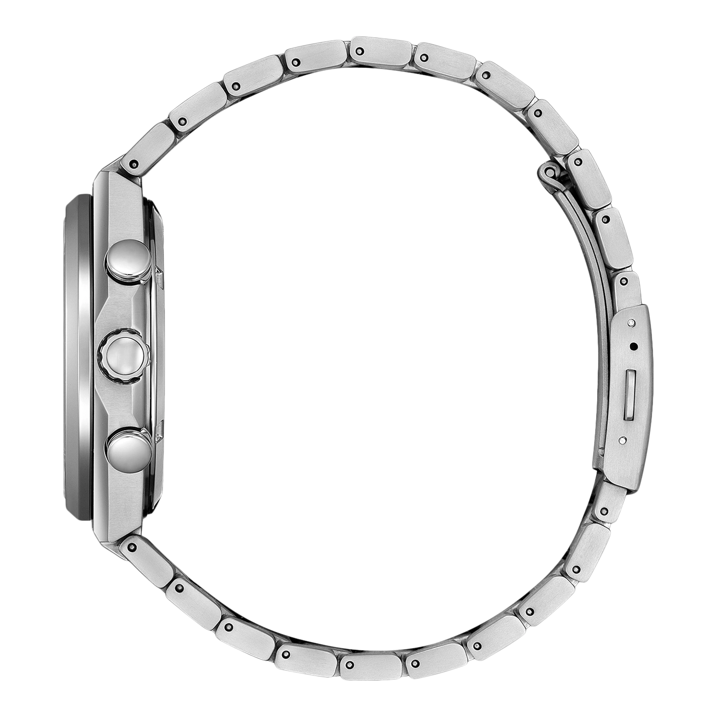 Silbernes Armbanduhr von der Seite gesehen mit Knöpfen an der Seite.